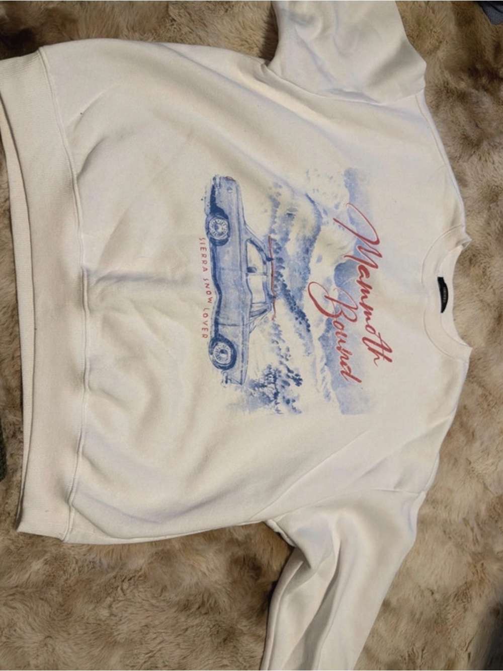 Forever 21 White Crewneck Sweatshirt with Blue Car Graphic and Red Script